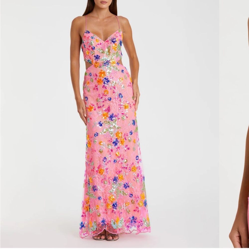 Mac Duggal Metallic Floral Sheath Gown in Pink Multi
